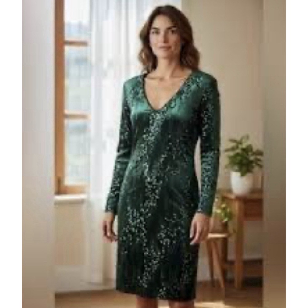 Alexia Admor Women's Green Sequin V-Neck Shift Dress Cocktail LS Size 10 $265